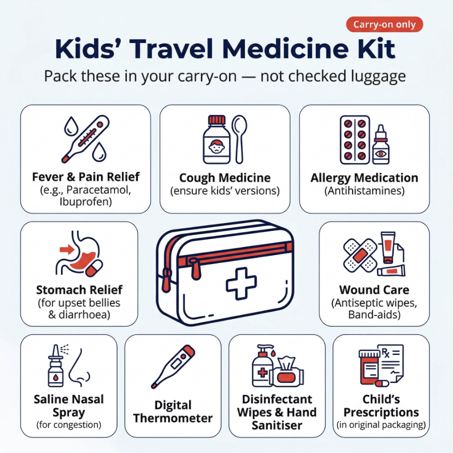 an infographic showing A simple Kids' Travel Medicine Kit graphic listing